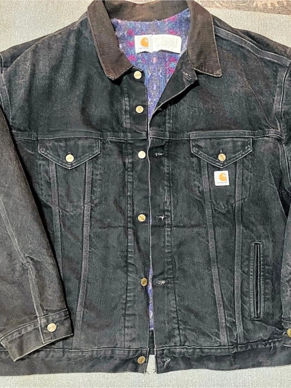Vintage 90s Carhartt JB0065 Aztec Blanket Lined Denim Trucker Jacket XXL USA